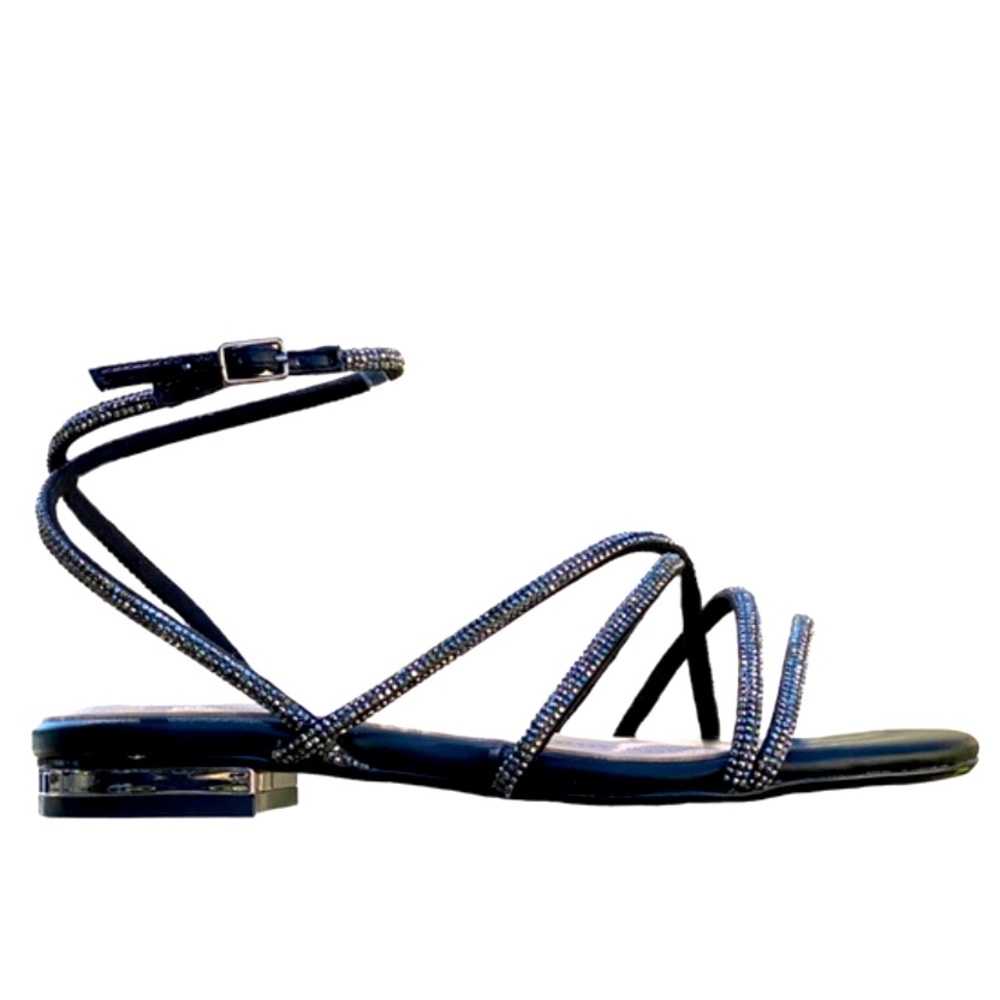 Anthropology BiBi Lou sparkly rhinestone black wrap around strap low heel sandal